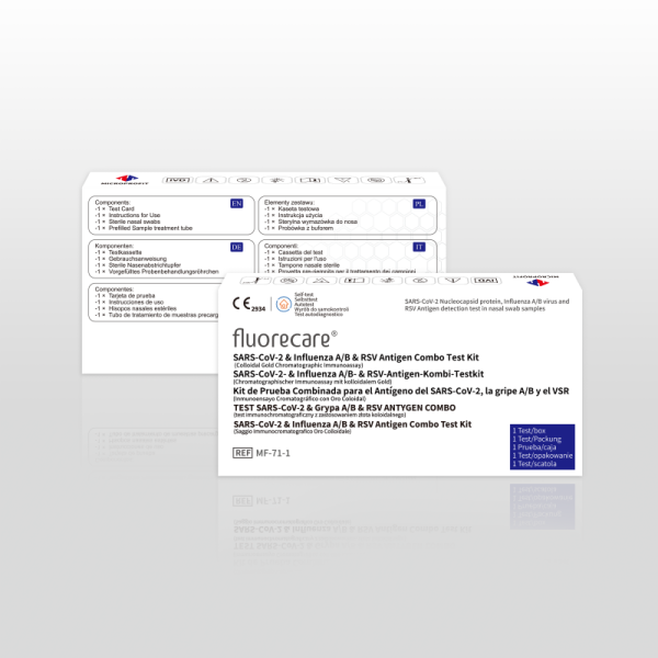 Teste combinado Fluorecare MF-71 - SARS-CoV-2, gripe A/B e RSV - rótulo e embalagem