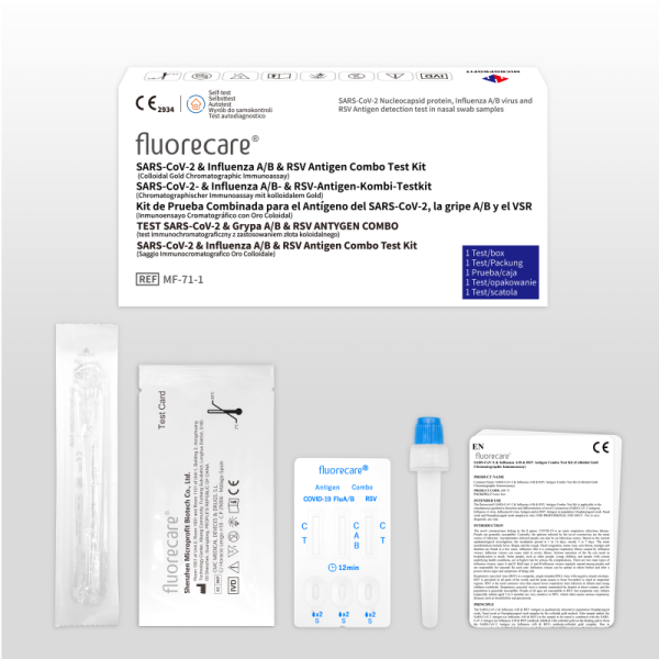 Teste combinado Fluorecare MF-71 - SARS-CoV-2, gripe A/B e RSV - rótulo e embalagem