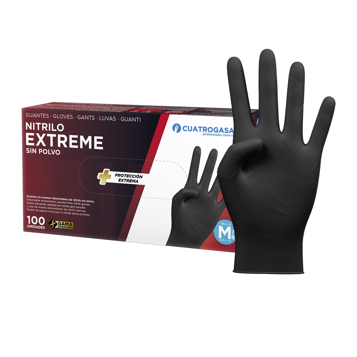 Embalagem ilustrativa de luvas 4gasa Extreme Negro sem pó, 100 unidades, no tamanho M.