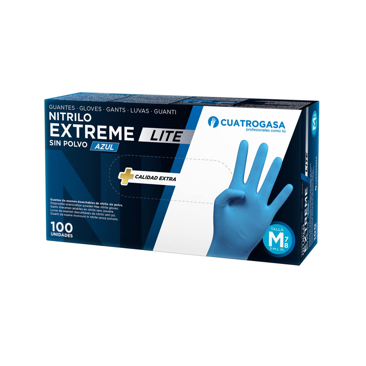 Caixa de 100 luvas 4gasa Extreme Lite azuis sem pó - fotografia do fabricante; tamanho M ilustrado.