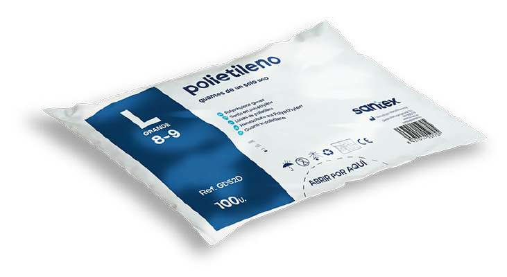Bolsa interior de 100 luvas de polietileno Santex GD52 - venda em cartão de 100 bolsas, total de 10000 unidades.