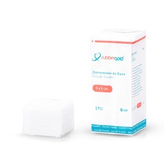 Embalagem de compressas Rubbergold em gaze, 5 × 5 cm, 100 unidades.