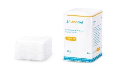 Embalagem de compressas Rubbergold em gaze, 7,5 × 7,5 cm, 100 unidades.