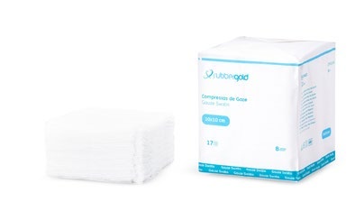 Embalagem de compressas Rubbergold em gaze, 10 × 10 cm, 100 unidades.