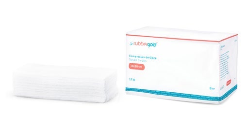 Embalagem de compressas Rubbergold em gaze, 10 × 20 cm, 100 unidades.