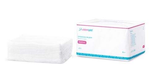 Embalagem de compressas Rubbergold em gaze, 15 × 20 cm, 100 unidades.