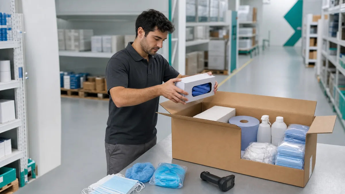 Preparação de uma encomenda com consumíveis de higiene e proteção